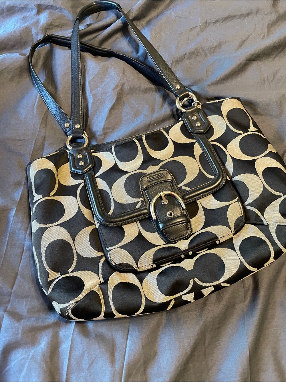Coach Black and Gray Signature Shoulder Bag with Front Buckle